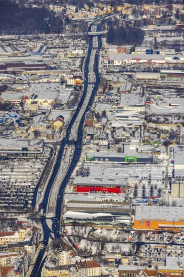 Aerial view, Bornstraße, Nordmarkt, Dortmund, Ruhr area, North Rhine-Westphalia, Germany, DE, Europe, commercial enterprises, commercial area, commercial location, commercial use, property tax, real estate, industrial area, industrial location, aerial photograph, aerial photography, aerial photography, snow, overview, bird's eye view, winter, winter slump, winter landscape, residential area, living and life, residential area, residential buildings, residential quality, residential neighbourhood, housing estate, birds-eyes view, overview