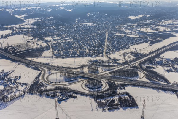 Aerial view, motorway junction Dortmund-Witten, A45 and A44, Persebeck, Dortmund, Ruhr area, North Rhine-Westphalia, Germany, motorway, motorway A44, motorway A45, DE, Europe, aerial view, aerial photography, aerial photography, snow, overview, bird's-eye view, winter, onset of winter, winter landscape, birds-eyes view, overview