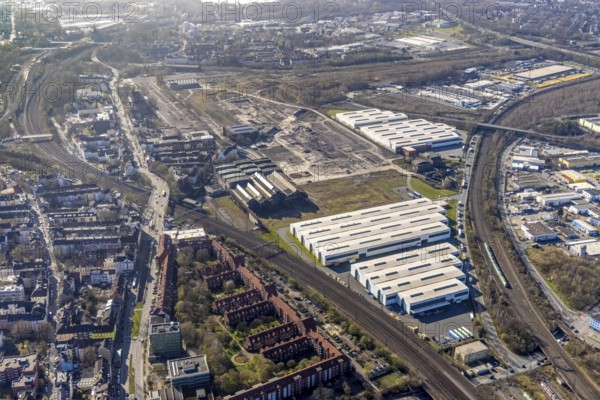 Aerial view, industrial estate of Union Gewerbehof GmbH Rheinische Straße, ZukunftsCampus, Union Viertel, Altes Versorgungsamt Hauptverwaltung Werk Union, Dorstfelder Brücke, Dortmund, Ruhr area, North Rhine-Westphalia, Germany, DE, Europe, aerial view, aerial photography, aerial photography, overview, bird's eye view, birds-eyes view, overview
