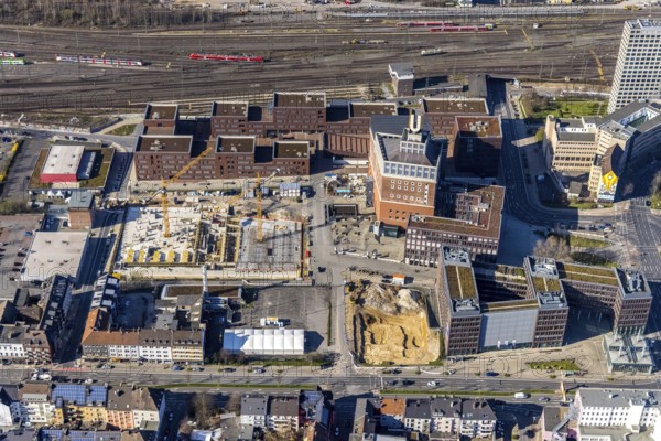 Aerial view, construction site, residential complex at the Dortmunder U-Tower, Dortmunder U with the Ostwall Museum, leisure centre west, Dorstfelder Brücke, Dortmund, Ruhr area, North Rhine-Westphalia, Germany, construction work, building, construction area, building site, building plots, building crane, construction project, construction site, DE, Europe, FZW, aerial view, aerial photography, aerial photography, new building, overview, bird's-eye view, overview