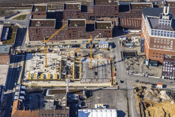 Aerial view, construction site, residential complex at the Dortmunder U-Tower, Dortmunder U with the Ostwall Museum, leisure centre west, Dorstfelder Brücke, Dortmund, Ruhr area, North Rhine-Westphalia, Germany, construction work, building, construction area, building site, building plots, building crane, construction project, construction site, DE, Europe, FZW, aerial view, aerial photography, aerial photography, new building, overview, bird's-eye view, overview