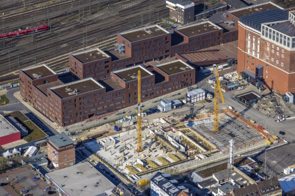 Aerial view, construction site residential complex at the Dortmunder U-Tower, Dortmunder U with the Ostwall Museum, leisure centre west, Dorstfelder Brücke, Dortmund, Ruhr area, North Rhine-Westphalia, Germany, construction work, construction, construction area, building site, building plots, construction crane, construction project, building site, DE, Europe, FZW, aerial view, aerial photography, aerial photography, new building, overview, bird's eye view, Centre for Art and Creativity, birds-eyes view, overview