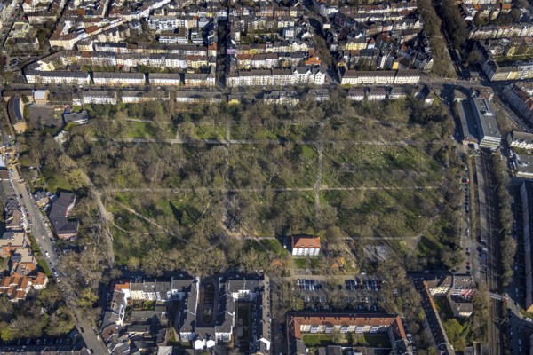 Aerial view, lawns in Westpark, spring weather on Dortmund's lawns, Dortmund, Ruhr area, North Rhine-Westphalia, Germany, DE, Europe, birds-eyes view, aerial view, aerial photography, aerial photography, overview, overview, bird's eye view, spring, summer weather in March, Dortmund's lawns, sunbathing with Corona distance