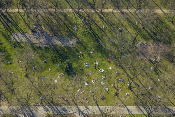 Aerial view, lawns in Westpark, spring weather on Dortmund's lawns, Dortmund, Ruhr area, North Rhine-Westphalia, Germany, DE, Europe, birds-eyes view, aerial view, aerial photography, aerial photography, overview, overview, bird's eye view, spring, summer weather in March, Dortmund's lawns, sunbathing with Corona distance