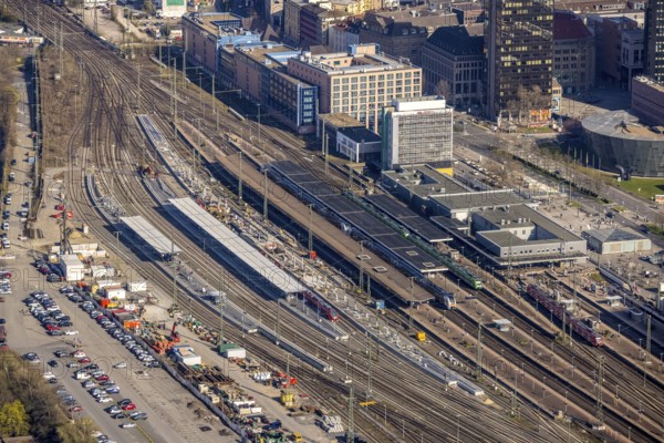 Aerial view, construction site with reconstruction and new construction of platforms at Dortmund main station, city, Dortmund, Ruhr area, North Rhine-Westphalia, Germany, railway tracks, station, construction work, construction, construction area, construction site, construction site, construction project, construction site, DE, Deutsche Bahn AG, Europe, railway tracks, main station, central station, aerial view, aerial photography, aerial photography, new construction, overview, bird's-eye view, overview