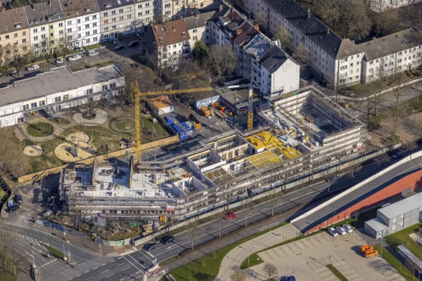 Aerial view, construction site at Sunderweg corner Speestraße for the new Lessing primary school, family centre and kindergarten Yorckstraße, Dorstfelder Brücke, Dortmund, Ruhr area, North Rhine-Westphalia, Germany, construction work, building, construction area, building site, building plots, construction project, construction site, DE, Europe, primary school, aerial view, aerial photography, aerial photography, new building, school, overview, bird's-eye view, overview