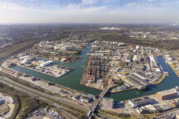 Aerial view, overview harbour Dortmund, old harbour office, container terminal, harbour, Dortmund, Ruhr area, North Rhine-Westphalia, Germany, DE, Europe, harbour area, harbour overview, canal road, aerial view, aerial photography, aerial photography, overview, bird's-eye view, overview
