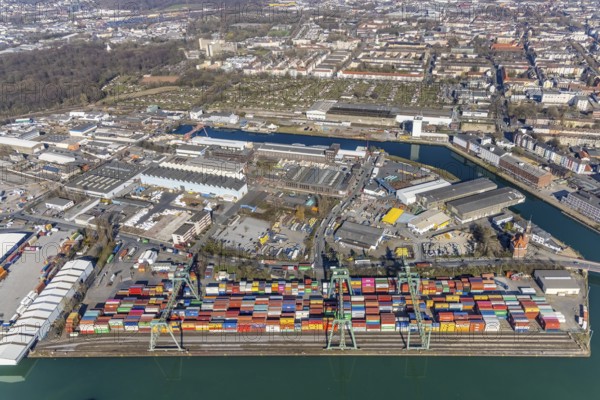 Aerial view, Port of Dortmund, Old Port Authority, Container Terminal, harbour, Dortmund, Ruhr area, North Rhine-Westphalia, Germany, DE, Europe, harbour area, harbour overview, canal road, aerial view, aerial photography, aerial photography, overview, bird's-eye view, overview