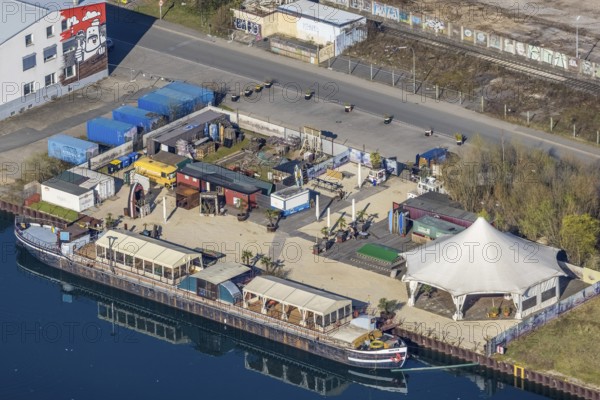 Aerial view, harbour Dortmund, ship and gastronomy Walter, harbour, Dortmund, Ruhr area, North Rhine-Westphalia, Germany, outdoor gastronomy, Corona crisis, Corona measures, Corona virus, DE, food and drink, Europe, gastronomy, aerial photography, aerial photography, aerial photography, overview, bird's eye view, birds-eyes view, overview