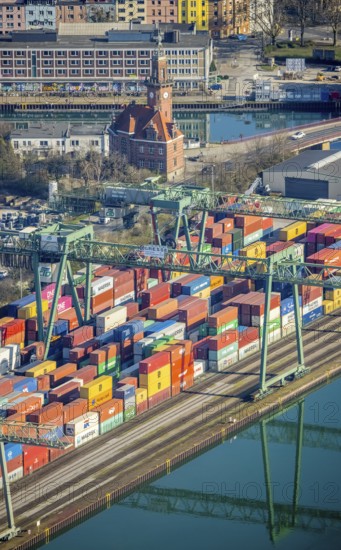Aerial view, Port of Dortmund, Old Port Authority, Container Terminal, harbour, Dortmund, Ruhr area, North Rhine-Westphalia, Germany, DE, Europe, harbour area, harbour overview, canal road, aerial view, aerial photography, aerial photography, overview, bird's-eye view, overview