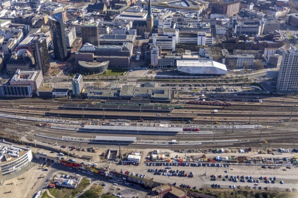 Aerial view, construction site with reconstruction and new construction of platforms at Dortmund main station, city, Dortmund, Ruhr area, North Rhine-Westphalia, Germany, railway tracks, station, construction work, construction, construction area, construction site, construction site, construction project, construction site, DE, Deutsche Bahn AG, Europe, railway tracks, main station, central station, aerial view, aerial photography, aerial photography, new construction, overview, bird's-eye view, overview