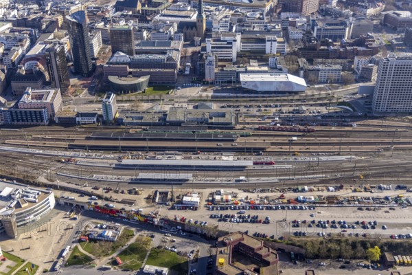 Aerial view, construction site with reconstruction and new construction of platforms at Dortmund main station, city, Dortmund, Ruhr area, North Rhine-Westphalia, Germany, railway tracks, station, construction work, construction, construction area, construction site, construction site, construction project, construction site, DE, Deutsche Bahn AG, Europe, railway tracks, main station, central station, aerial view, aerial photography, aerial photography, new construction, overview, bird's-eye view, overview