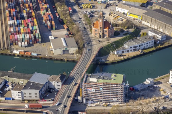 Aerial view, Port of Dortmund, Old Port Authority, construction site Speicherstraße at Sunderwegbrücke, container terminal, harbour, Dortmund, Ruhr area, North Rhine-Westphalia, Germany, construction work, construction, construction area, construction site, building site, construction project, construction site, DE, Europe, port area, port overview, canal road, aerial view, aerial photography, aerial photography, new construction, overview, bird's-eye view, overview