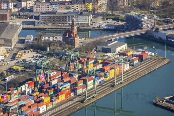 Aerial view, Port of Dortmund, Old Port Authority, Container Terminal, harbour, Dortmund, Ruhr area, North Rhine-Westphalia, Germany, DE, Europe, harbour area, harbour overview, canal road, aerial view, aerial photography, aerial photography, overview, bird's-eye view, overview