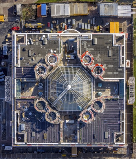 Aerial view, construction site and renovation town hall, city, Dortmund, Ruhr area, North Rhine-Westphalia, Germany, construction work, construction site, construction measure, construction project, construction site, authority, DE, renovation, Europe, shapes and colours, aerial view, aerial photography, aerial photography, town hall, renovation, renovation, renovation project, city administration, overview, administrative area, bird's eye view, birds-eyes view, overview