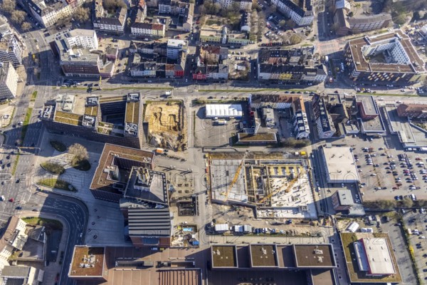 Aerial view, construction site, residential complex at the Dortmunder U-Tower, Dortmunder U with the Ostwall Museum, leisure centre west, Dorstfelder Brücke, Dortmund, Ruhr area, North Rhine-Westphalia, Germany, construction work, building, construction area, building site, building plots, building crane, construction project, construction site, DE, Europe, FZW, aerial view, aerial photography, aerial photography, new building, overview, bird's-eye view, overview