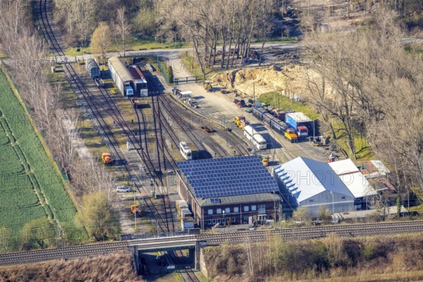 Aerial view, local transport museum Dortmund, tram museum, Deusen, Dortmund, Ruhr area, North Rhine-Westphalia, Germany, DE, Europe, aerial view, aerial photography, aerial photography, museum, photovoltaic, photovoltaic system, solar, solar system, solar energy, solar energy, overview, bird's eye view, birds-eyes view, overview