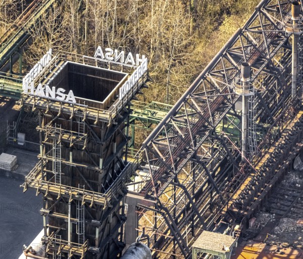 Aerial view, industrial monument Hansa coking plant, construction work on salt factory, screening plant and sorting tower, Huckarde, Dortmund, Ruhr area, North Rhine-Westphalia, Germany, construction work, building, construction area, building site, building plots, construction project, construction site, DE, Europe, industrial monument, aerial view, aerial photography, aerial photography, overview, bird's-eye view, overview