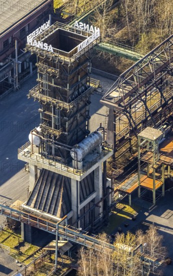 Aerial view, industrial monument Hansa coking plant, construction work on salt factory, screening plant and sorting tower, Huckarde, Dortmund, Ruhr area, North Rhine-Westphalia, Germany, construction work, building, construction area, building site, building plots, construction project, construction site, DE, Europe, industrial monument, aerial view, aerial photography, aerial photography, overview, bird's-eye view, overview