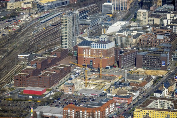 Aerial view, construction site, residential complex at the Dortmunder U-Tower, Dortmunder U with the Ostwall Museum, leisure centre west, Dorstfelder Brücke, Dortmund, Ruhr area, North Rhine-Westphalia, Germany, construction work, building, construction area, building site, building plots, building crane, construction project, construction site, DE, Europe, FZW, aerial view, aerial photography, aerial photography, new building, overview, bird's-eye view, overview