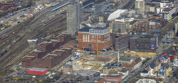 Aerial view, construction site, residential complex at the Dortmunder U-Tower, Dortmunder U with the Ostwall Museum, leisure centre west, Dorstfelder Brücke, Dortmund, Ruhr area, North Rhine-Westphalia, Germany, construction work, building, construction area, building site, building plots, building crane, construction project, construction site, DE, Europe, FZW, aerial view, aerial photography, aerial photography, new building, overview, bird's-eye view, overview