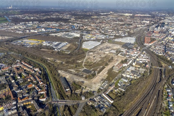 Aerial view, industrial estate of Union Gewerbehof GmbH Rheinische Straße, ZukunftsCampus, Union Viertel, Altes Versorgungsamt Hauptverwaltung Werk Union, Dorstfelder Brücke, Dortmund, Ruhr area, North Rhine-Westphalia, Germany, DE, Europe, aerial view, aerial photography, aerial photography, overview, bird's eye view, birds-eyes view, overview