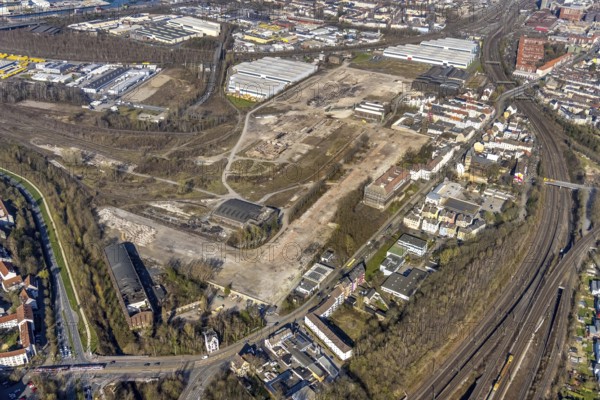 Aerial view, industrial estate of Union Gewerbehof GmbH Rheinische Straße, ZukunftsCampus, Union Viertel, Altes Versorgungsamt Hauptverwaltung Werk Union, Dorstfelder Brücke, Dortmund, Ruhr area, North Rhine-Westphalia, Germany, DE, Europe, aerial view, aerial photography, aerial photography, overview, bird's eye view, birds-eyes view, overview