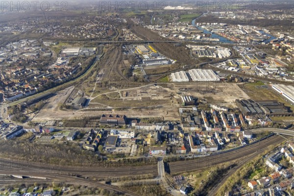 Aerial view, industrial estate of Union Gewerbehof GmbH Rheinische Straße, ZukunftsCampus, Union Viertel, Altes Versorgungsamt Hauptverwaltung Werk Union, Dorstfelder Brücke, Dortmund, Ruhr area, North Rhine-Westphalia, Germany, DE, Europe, aerial view, aerial photography, aerial photography, overview, bird's eye view, birds-eyes view, overview