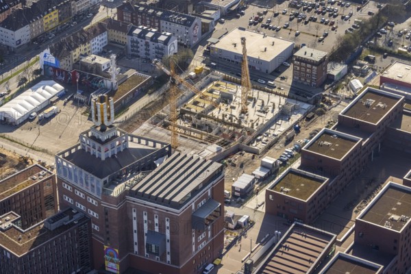 Aerial view, construction site, residential complex at the Dortmunder U-Tower, Dortmunder U with the Ostwall Museum, leisure centre west, Dorstfelder Brücke, Dortmund, Ruhr area, North Rhine-Westphalia, Germany, construction work, building, construction area, building site, building plots, building crane, construction project, construction site, DE, Europe, FZW, aerial view, aerial photography, aerial photography, new building, overview, bird's-eye view, overview