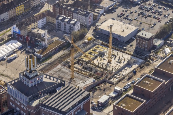 Aerial view, construction site, residential complex at the Dortmunder U-Tower, Dortmunder U with the Ostwall Museum, leisure centre west, Dorstfelder Brücke, Dortmund, Ruhr area, North Rhine-Westphalia, Germany, construction work, building, construction area, building site, building plots, building crane, construction project, construction site, DE, Europe, FZW, aerial view, aerial photography, aerial photography, new building, overview, bird's-eye view, overview