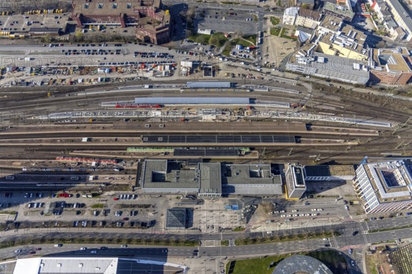 Aerial view, construction site with reconstruction and new construction of platforms at Dortmund main station, city, Dortmund, Ruhr area, North Rhine-Westphalia, Germany, railway tracks, station, construction work, construction, construction area, construction site, construction site, construction project, construction site, DE, Deutsche Bahn AG, Europe, railway tracks, main station, central station, aerial view, aerial photography, aerial photography, new construction, overview, bird's-eye view, overview