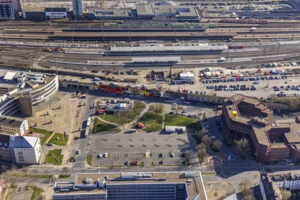 Aerial view, North side of main station with car park at ZOB, construction site with conversion and new construction of platforms at Dortmund main station, Postbank building, City, Dortmund, Ruhr area, North Rhine-Westphalia, Germany, railway tracks, station, construction work, construction, construction area, construction site, construction site, construction project, construction site, DE, Deutsche Bahn AG, Europe, railway tracks, main station, central station, aerial view, aerial photography, aerial photography, new construction, overview, bird's-eye view, overview