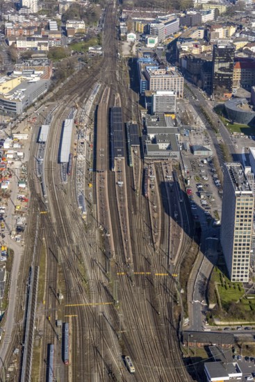 Aerial view, construction site with reconstruction and new construction of platforms at Dortmund main station, city, Dortmund, Ruhr area, North Rhine-Westphalia, Germany, railway tracks, station, construction work, construction, construction area, construction site, construction site, construction project, construction site, DE, Deutsche Bahn AG, Europe, railway tracks, main station, central station, aerial view, aerial photography, aerial photography, new construction, overview, bird's-eye view, overview