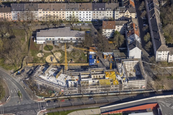 Aerial view, construction site at Sunderweg corner Speestraße for the new Lessing primary school, family centre and kindergarten Yorckstraße, Dorstfelder Brücke, Dortmund, Ruhr area, North Rhine-Westphalia, Germany, construction work, building, construction area, building site, building plots, construction project, construction site, DE, Europe, primary school, aerial view, aerial photography, aerial photography, new building, school, overview, bird's-eye view, overview