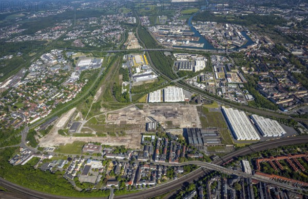 Aerial view, coal harbour of the inland port Dortmunder Hafen AG in Dortmund in the federal state of North Rhine-Westphalia, Germany, Dortmund, Ruhr area, North Rhine-Westphalia, DE, Europe, birds-eyes view, aerial photography, aerial photography, overview, bird's eye view, Dortmund harbour, inland port, Dortmund-Ems canal, freight traffic