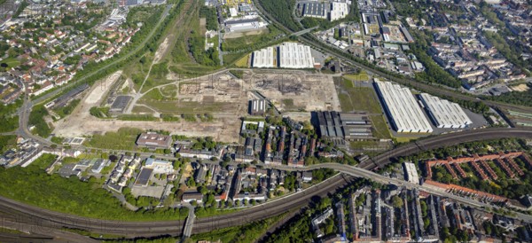 Aerial view, industrial estate of Union Gewerbehof GmbH, Rheinische Straße, ZukunftsCampus, thyssenkrupp Stainless GmbH, Huckarde, Dortmund, Ruhr area, North Rhine-Westphalia, Germany, construction work, building, construction area, building site, building plots, construction project, construction site, DE, Europe, commercial enterprises, industrial area, commercial area, commercial park, commercial site, commercial use, industrial area, industrial building, industrial site, aerial view, aerial photography, aerial photography, overview, bird's-eye view, birds-eyes view, former factory site of Hoesch-Spundwand und Profile (HSP), overview
