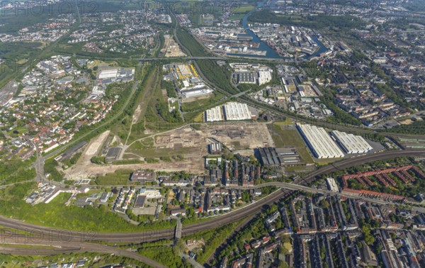 Aerial view, industrial estate of Union Gewerbehof GmbH, Rheinische Straße, ZukunftsCampus, thyssenkrupp Stainless GmbH, Huckarde, Dortmund, Ruhr area, North Rhine-Westphalia, Germany, construction work, building, construction area, building site, building plots, construction project, construction site, DE, Europe, commercial enterprises, industrial area, commercial area, commercial park, commercial site, commercial use, industrial area, industrial building, industrial site, aerial view, aerial photography, aerial photography, overview, bird's-eye view, birds-eyes view, former factory site of Hoesch-Spundwand und Profile (HSP), overview