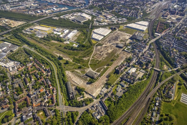 Aerial view, industrial estate of Union Gewerbehof GmbH, Rheinische Straße, ZukunftsCampus, thyssenkrupp Stainless GmbH, Huckarde, Dortmund, Ruhr area, North Rhine-Westphalia, Germany, construction work, building, construction area, building site, building plots, construction project, construction site, DE, Europe, commercial enterprises, industrial area, commercial area, commercial park, commercial site, commercial use, industrial area, industrial building, industrial site, aerial view, aerial photography, aerial photography, overview, bird's-eye view, birds-eyes view, former factory site of Hoesch-Spundwand und Profile (HSP), overview