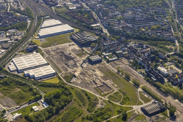 Aerial view, industrial estate of Union Gewerbehof GmbH, Rheinische Straße, ZukunftsCampus, thyssenkrupp Stainless GmbH, Huckarde, Dortmund, Ruhr area, North Rhine-Westphalia, Germany, construction work, building, construction area, building site, building plots, construction project, construction site, DE, Europe, commercial enterprises, industrial area, commercial area, commercial park, commercial site, commercial use, industrial area, industrial building, industrial site, aerial view, aerial photography, aerial photography, overview, bird's-eye view, birds-eyes view, former factory site of Hoesch-Spundwand und Profile (HSP), overview