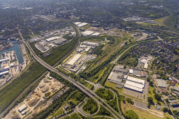 Aerial view, industrial estate of Union Gewerbehof GmbH, Rheinische Straße, ZukunftsCampus, thyssenkrupp Stainless GmbH, Huckarde, Dortmund, Ruhr area, North Rhine-Westphalia, Germany, construction work, building, construction area, building site, building plots, construction project, construction site, DE, Europe, commercial enterprises, industrial area, commercial area, commercial park, commercial site, commercial use, industrial area, industrial building, industrial site, aerial view, aerial photography, aerial photography, overview, bird's-eye view, birds-eyes view, former factory site of Hoesch-Spundwand und Profile (HSP), overview
