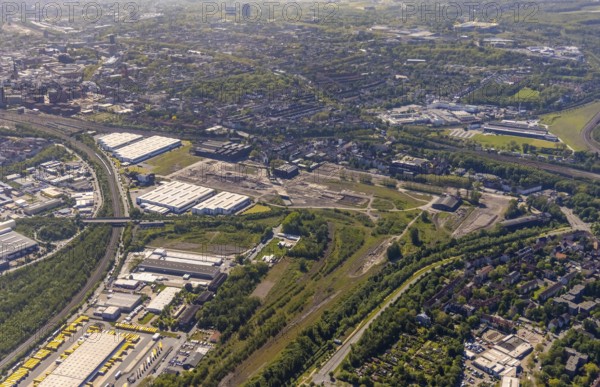 Aerial view, industrial estate of Union Gewerbehof GmbH, Rheinische Straße, ZukunftsCampus, thyssenkrupp Stainless GmbH, Huckarde, Dortmund, Ruhr area, North Rhine-Westphalia, Germany, construction work, building, construction area, building site, building plots, construction project, construction site, DE, Europe, commercial enterprises, industrial area, commercial area, commercial park, commercial site, commercial use, industrial area, industrial building, industrial site, aerial view, aerial photography, aerial photography, overview, bird's-eye view, birds-eyes view, former factory site of Hoesch-Spundwand und Profile (HSP), overview