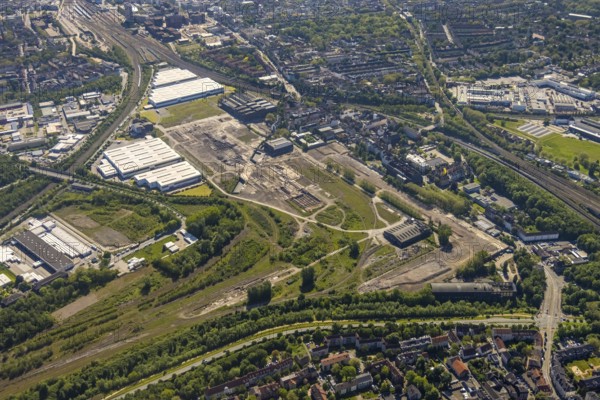 Aerial view, industrial estate of Union Gewerbehof GmbH, Rheinische Straße, ZukunftsCampus, thyssenkrupp Stainless GmbH, Huckarde, Dortmund, Ruhr area, North Rhine-Westphalia, Germany, construction work, building, construction area, building site, building plots, construction project, construction site, DE, Europe, commercial enterprises, industrial area, commercial area, commercial park, commercial site, commercial use, industrial area, industrial building, industrial site, aerial view, aerial photography, aerial photography, overview, bird's-eye view, birds-eyes view, former factory site of Hoesch-Spundwand und Profile (HSP), overview
