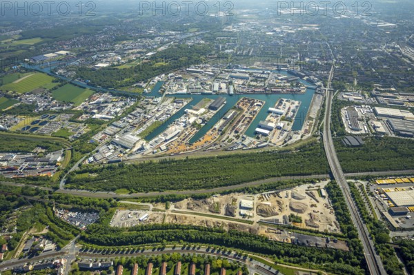 Aerial view, coal harbour of the inland port Dortmunder Hafen AG in Dortmund in the federal state of North Rhine-Westphalia, Germany, Dortmund, Ruhr area, North Rhine-Westphalia, DE, Europe, birds-eyes view, aerial photography, aerial photography, overview, bird's eye view, Dortmund harbour, inland port, Dortmund-Ems canal, freight traffic
