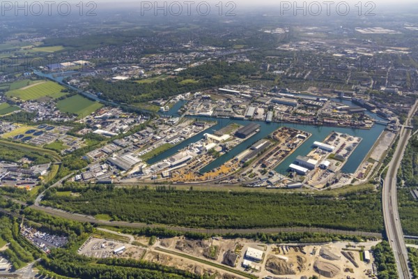 Aerial view, coal harbour of the inland port Dortmunder Hafen AG in Dortmund in the federal state of North Rhine-Westphalia, Germany, Dortmund, Ruhr area, North Rhine-Westphalia, DE, Europe, birds-eyes view, aerial photography, aerial photography, overview, bird's eye view, Dortmund harbour, inland port, Dortmund-Ems canal, freight traffic