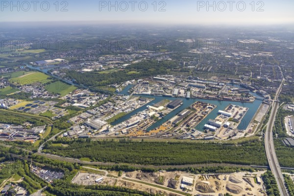 Aerial view, coal harbour of the inland port Dortmunder Hafen AG in Dortmund in the federal state of North Rhine-Westphalia, Germany, Dortmund, Ruhr area, North Rhine-Westphalia, DE, Europe, birds-eyes view, aerial photography, aerial photography, overview, bird's eye view, Dortmund harbour, inland port, Dortmund-Ems canal, freight traffic