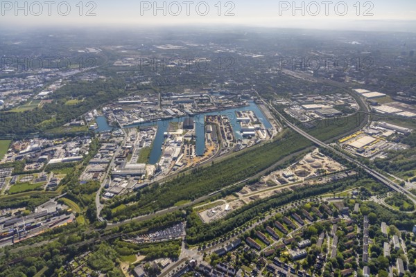 Aerial view, coal harbour of the inland port Dortmunder Hafen AG in Dortmund in the federal state of North Rhine-Westphalia, Germany, Dortmund, Ruhr area, North Rhine-Westphalia, DE, Europe, birds-eyes view, aerial photography, aerial photography, overview, bird's eye view, Dortmund harbour, inland port, Dortmund-Ems canal, freight traffic