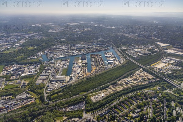 Aerial view, coal harbour of the inland port Dortmunder Hafen AG in Dortmund in the federal state of North Rhine-Westphalia, Germany, Dortmund, Ruhr area, North Rhine-Westphalia, DE, Europe, birds-eyes view, aerial photography, aerial photography, overview, bird's eye view, Dortmund harbour, inland port, Dortmund-Ems canal, freight traffic