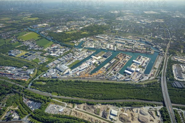 Aerial view, coal harbour of the inland port Dortmunder Hafen AG in Dortmund in the federal state of North Rhine-Westphalia, Germany, Dortmund, Ruhr area, North Rhine-Westphalia, DE, Europe, birds-eyes view, aerial photography, aerial photography, overview, bird's eye view, Dortmund harbour, inland port, Dortmund-Ems canal, freight traffic