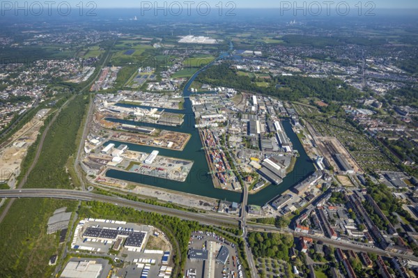 Aerial view, coal harbour of the inland port Dortmunder Hafen AG in Dortmund in the federal state of North Rhine-Westphalia, Germany, Dortmund, Ruhr area, North Rhine-Westphalia, DE, Europe, birds-eyes view, aerial photography, aerial photography, overview, bird's eye view, Dortmund harbour, inland port, Dortmund-Ems canal, freight traffic