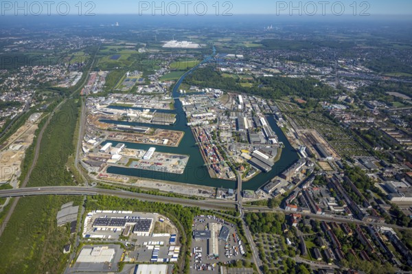 Aerial view, coal harbour of the inland port Dortmunder Hafen AG in Dortmund in the federal state of North Rhine-Westphalia, Germany, Dortmund, Ruhr area, North Rhine-Westphalia, DE, Europe, birds-eyes view, aerial photography, aerial photography, overview, bird's eye view, Dortmund harbour, inland port, Dortmund-Ems canal, freight traffic